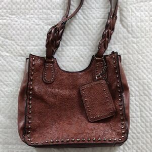 Brown Embossed Tote Bag with Stud Accents